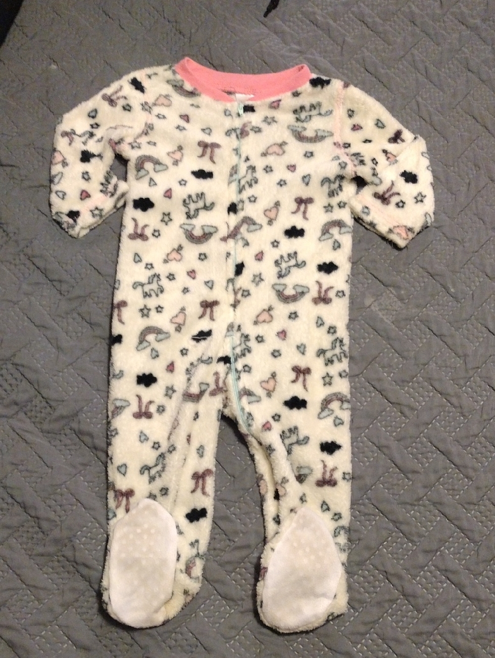 Swiggles Cream Plush Footed One-Piece with Pink Trim and Multi Print